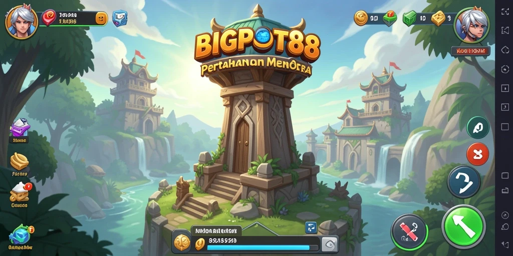 Tampilan gameplay BIGPOT88 dengan menara yang strategis dan musuh yang menyerang.