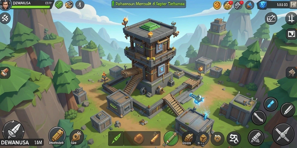 Tampilan gameplay mendebarkan dari DEWANUSA dengan menara dan musuh.