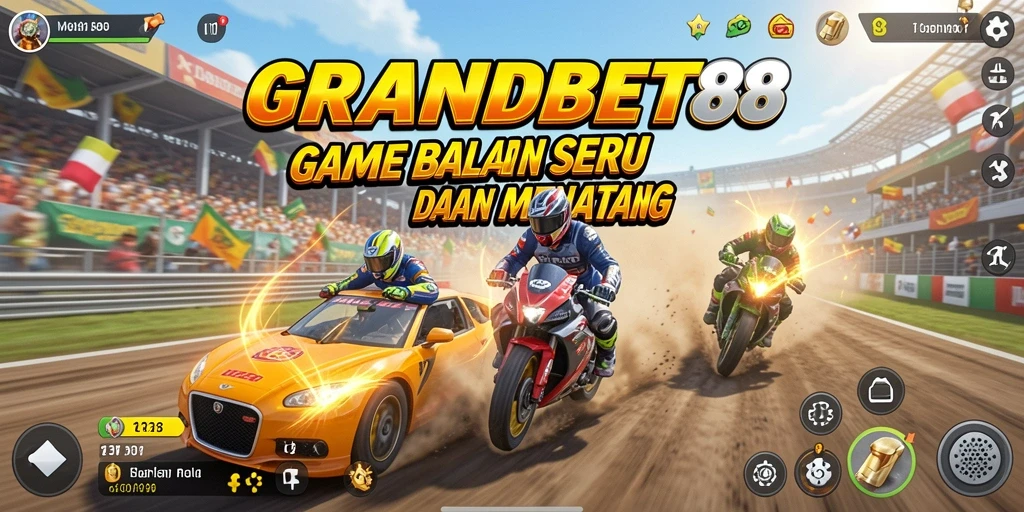 Screenshot utama menunjukkan kendaraan balap dalam aksi di lintasan menantang.