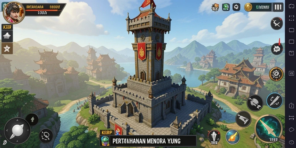 Screenshot gameplay KKRP dengan menara menghadapi gelombang musuh.