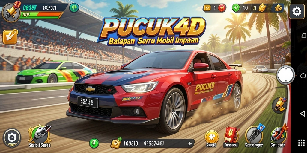 Tampilan gameplay balap di PUCUK4D dengan mobil yang melaju kencang.